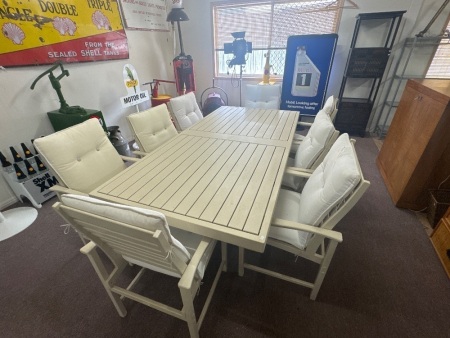 Cream outside dining table with 8 x outside cream chairs and cushions