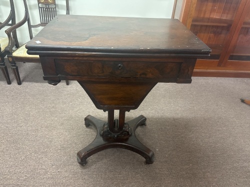 Antique Rosewood fold out sewing table on wheels