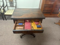 Antique Rosewood fold out sewing table on wheels - 2