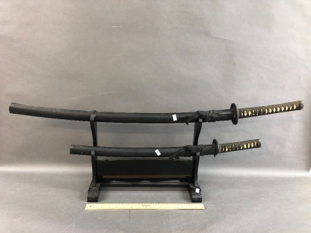 Pair of Samurai Swords on Lacquered Timber Stand