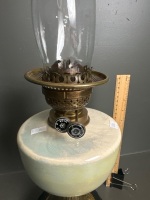 Antique Victorian Oil Lamp with Ceramic Font, Double Burner and Frosted glass shade