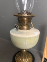 Antique Victorian Oil Lamp with Ceramic Font, Double Burner and Frosted glass shade - 2