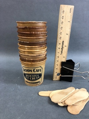 10 Vintage Jason Cafe Waxed 3D Ice Cream Cups & Timber Spoons