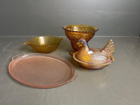 Carnival Glass Chicken Dish with Brown Glass Bowls