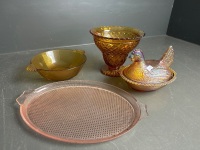 Carnival Glass Chicken Dish with Brown Glass Bowls - 2