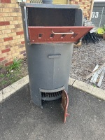 Large steel barrel incinerator with cast iron doors and grates - originally from the Woodford police station - 3