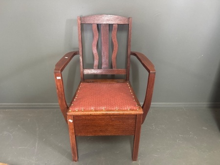 Vintage Silky Oak Commode Chair with lidded ceramic chamber pot