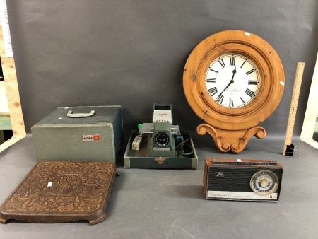 Antique Cast Iron Hecla Foot Warmer, Argos Boxed Slide Projector + HMV Tropicana Radio & Pine Wall Clock