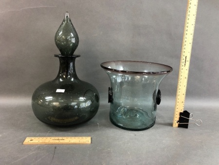 Mid Century Smoke Glass Bottle + Art Glass Wine Bucket