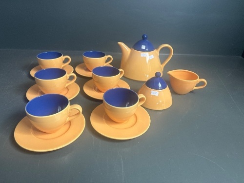 15 Piece Italian Porcelain Apricot & Royal Blue Tea Setting