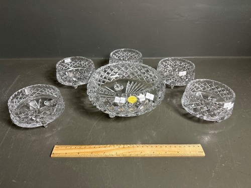 Heavy 6 Piece Bohemia Crystal Tri footed serving bowl w. matching side bowls