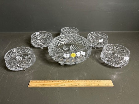 Heavy 6 Piece Bohemia Crystal Tri footed serving bowl w. matching side bowls