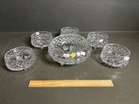 Heavy 6 Piece Bohemia Crystal Tri footed serving bowl w. matching side bowls