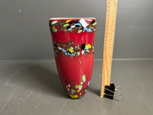 Heavy Red Art Glass Vase with Multi coloured features - app 300