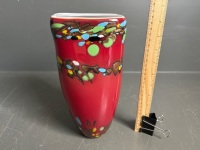 Heavy Red Art Glass Vase with Multi coloured features - app 300 - 2