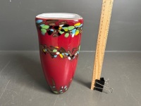 Heavy Red Art Glass Vase with Multi coloured features - app 300 - 3