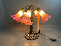 5 Branch Shaded Pink Art Deco Lily Lamp w. Heavy Metal Feature Base