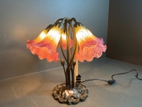 5 Branch Shaded Pink Art Deco Lily Lamp w. Heavy Metal Feature Base - 2