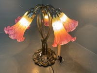 5 Branch Shaded Pink Art Deco Lily Lamp w. Heavy Metal Feature Base - 3