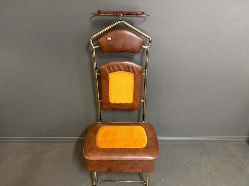 Quality Tan & Mustard Velour & Gold Trimmed Valet w. Polished Storage under hinged seat C.1970