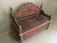 Antique Hand Carved Hall Seat with Storage - 2