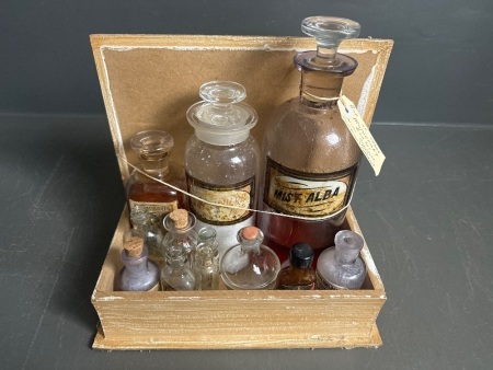 Box of Apothecary Bottles with Contents plus Sundries