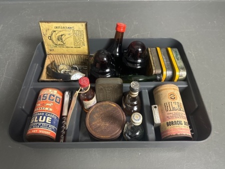 Tray of Vintage Watches / Tins / Liqueur Bottles & Insulators