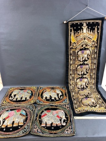 4 Padded, Beaded & Sequinned Indian Elephant Cushion Covers + Wall Hanging