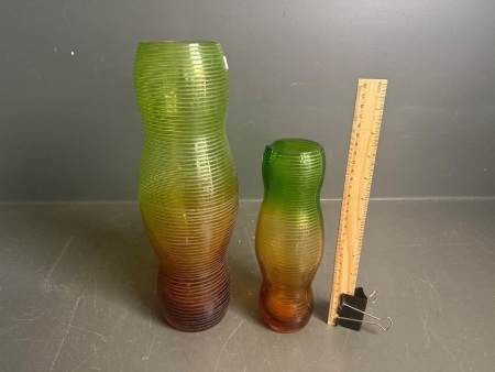 2 x Mid Century Etched Glass Brown & Green Vases