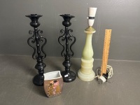 2 x Black Candle Sticks, Stone Table Lamp Stand & Small Vase