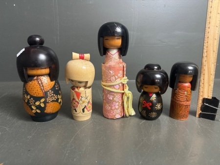 5 x Vintage Japanese Kokeshi Dolls