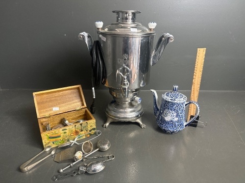 Dilmah Electric Tea Urn, Blue & White Tea Pot & Various Tea stainers