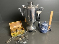 Dilmah Electric Tea Urn, Blue & White Tea Pot & Various Tea stainers - 6