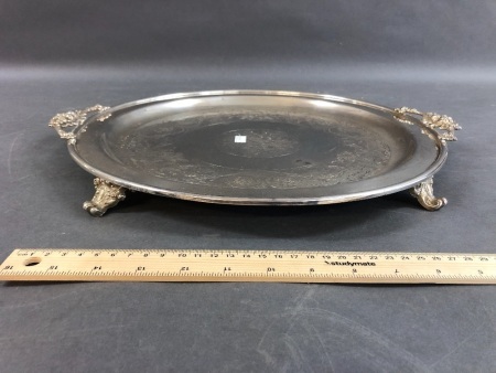 Vintage Silver Pllated Drinks Tray on Scrolled Feet