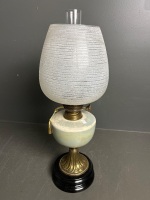 Antique Victorian Oil Lamp with Ceramic Font, Double Burner and Frosted glass shade - 4