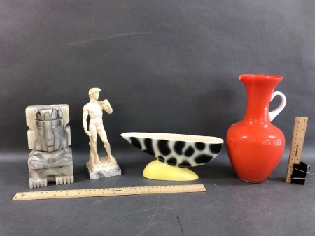 Italian Glass Jug & Statue of David + Stone Tiki & Vintage Braemore Pottery Bowl