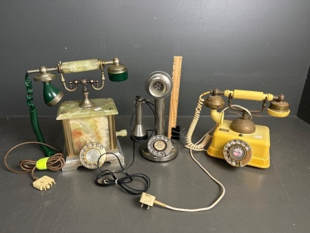 Three Vintage Telephones - Stone, Bakelite & Metal