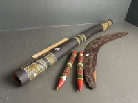 Termite Hollow Hand Painted didgeridoo, Carved Boomerang & Hand Painted Clapsticks