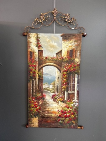 Oil on Canvas Drop Provincial Scene on Metal Hanger