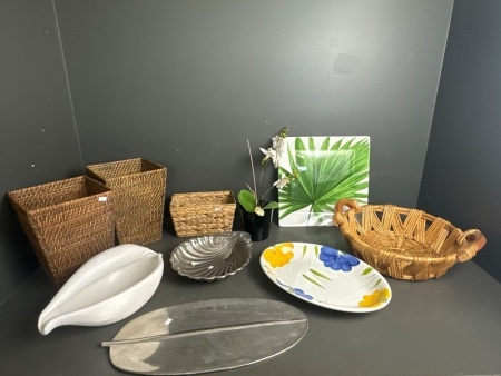 Home Decorator lot with Platters, Waste Bins, Bowls & Baskets