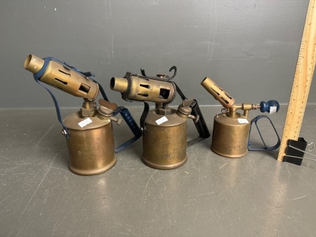 3 vintage brass blow torches - Primus No. 851, Companion Brand (AU) by authority of Max Sievert (Sweden) and Darlton (AU)