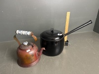 Copper kettle with ceramic handle + Judge style lidded pot