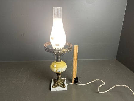Electric lamp (oil lamp style) with glass font on brass stand