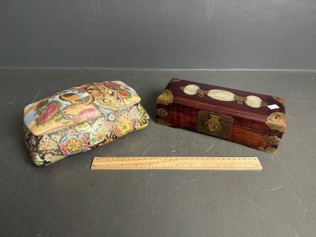 Hand-painted Royal Satsuma trinket box + wooden box with brass fittings