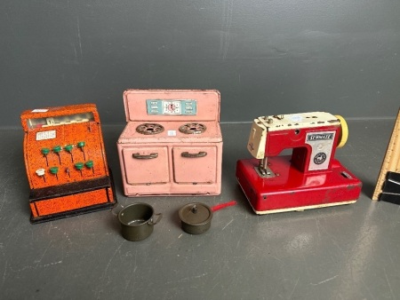 3 metal toys - sewing machine, oven and cash register