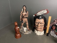 4 ceramic American Indian statues and 1 wooden statue - 2