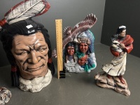 4 ceramic American Indian statues and 1 wooden statue - 3