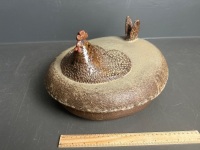 Large pottery casserole dish depicting a chicken - signed to base