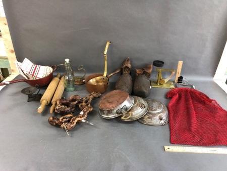 Large Box Lot of Assorted French items inc. Barware, Cookware, Copper, Brass etc