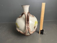 Elegant delicately coloured glazed ceramic vase/jug with clawed handle - signed to base - 2